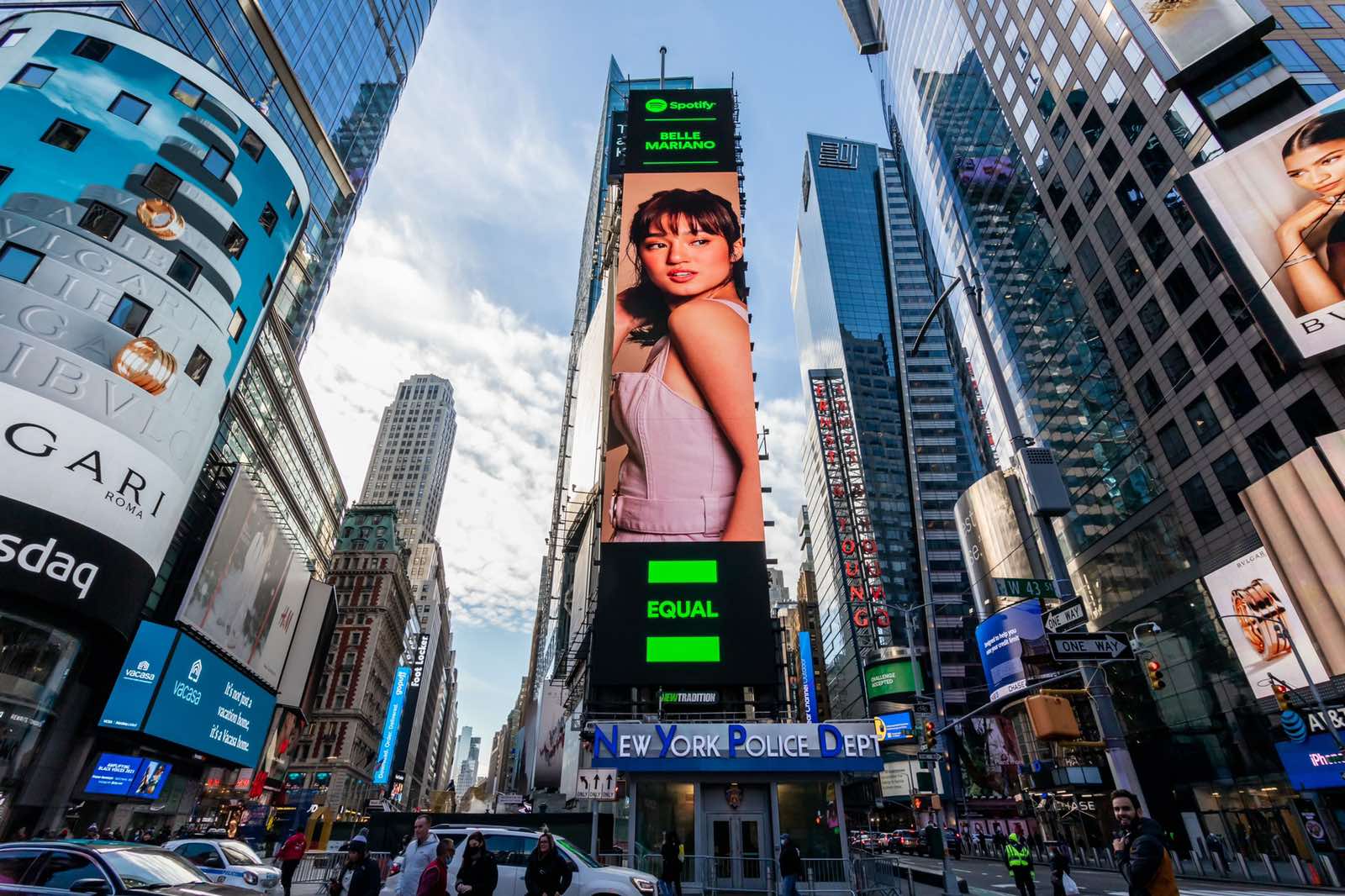 LOOK Belle Mariano high up on billboard at New York’s Times Square