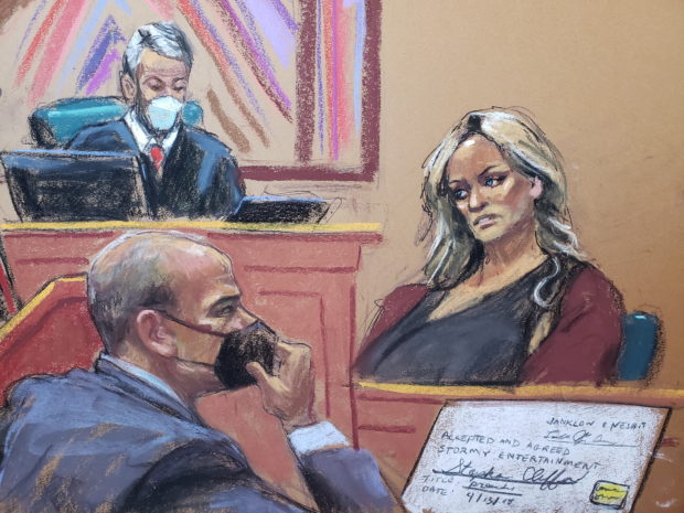Witness Stormy Daniels is questioned by Assistant U.S. Attorney Robert Sobelman (not seen) during the criminal trial of former attorney Michael Avenatti at the United States Courthouse in the Manhattan borough of New York City, U.S., January 27, 2022 in this courtroom sketch. REUTERS/Jane Rosenberg