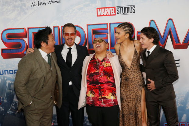 Cast members Benedict Wong, Benedict Cumberbatch, Jacob Batalon, Marisa Tomei, Zendaya and Tom Holland attend the premiere for the film Spider-Man: No Way Home in Los Angeles, California, December 13, 2021. REUTERS/Mario Anzuoni