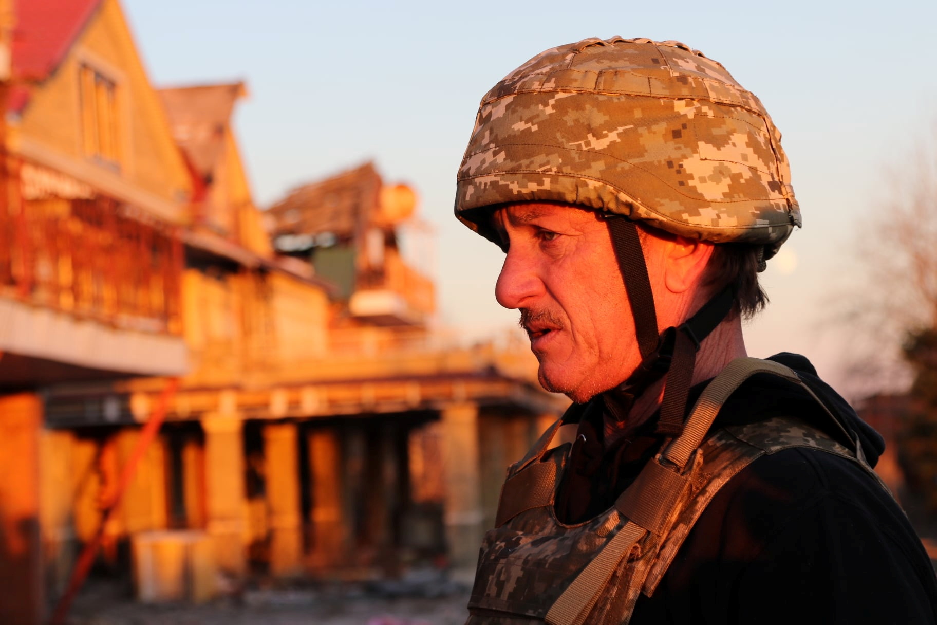 Actor and director Sean Penn visits positions of the Ukrainian Armed Forces near the frontline with Russian-backed separatists in Donetsk region, Ukraine, in this handout picture released by the Joint Forces Operation press service November 18, 2021. Press service of the Joint Forces Operation/Handout via REUTERS