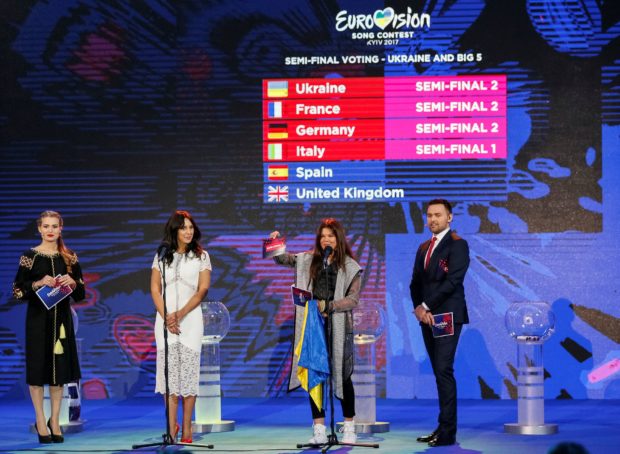 FILE PHOTO: Crimean Tatar singer Jamaladinova and Ukrainian singer Lyzhychko attend draw for semi-finals of 2017 Eurovision Song Contest in Kiev