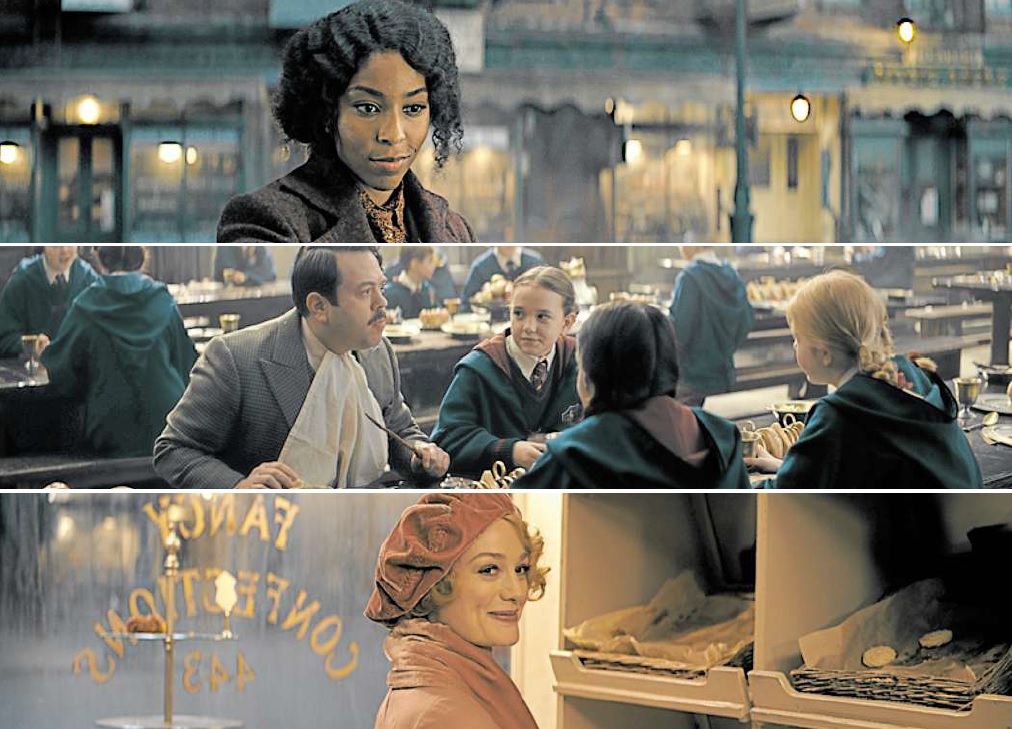  Jessica Williams as Lally Hicks; Jacob Kowalski (Dan Fogler) visiting Hogwarts; and Alison Sudol as Queenie Goldstein