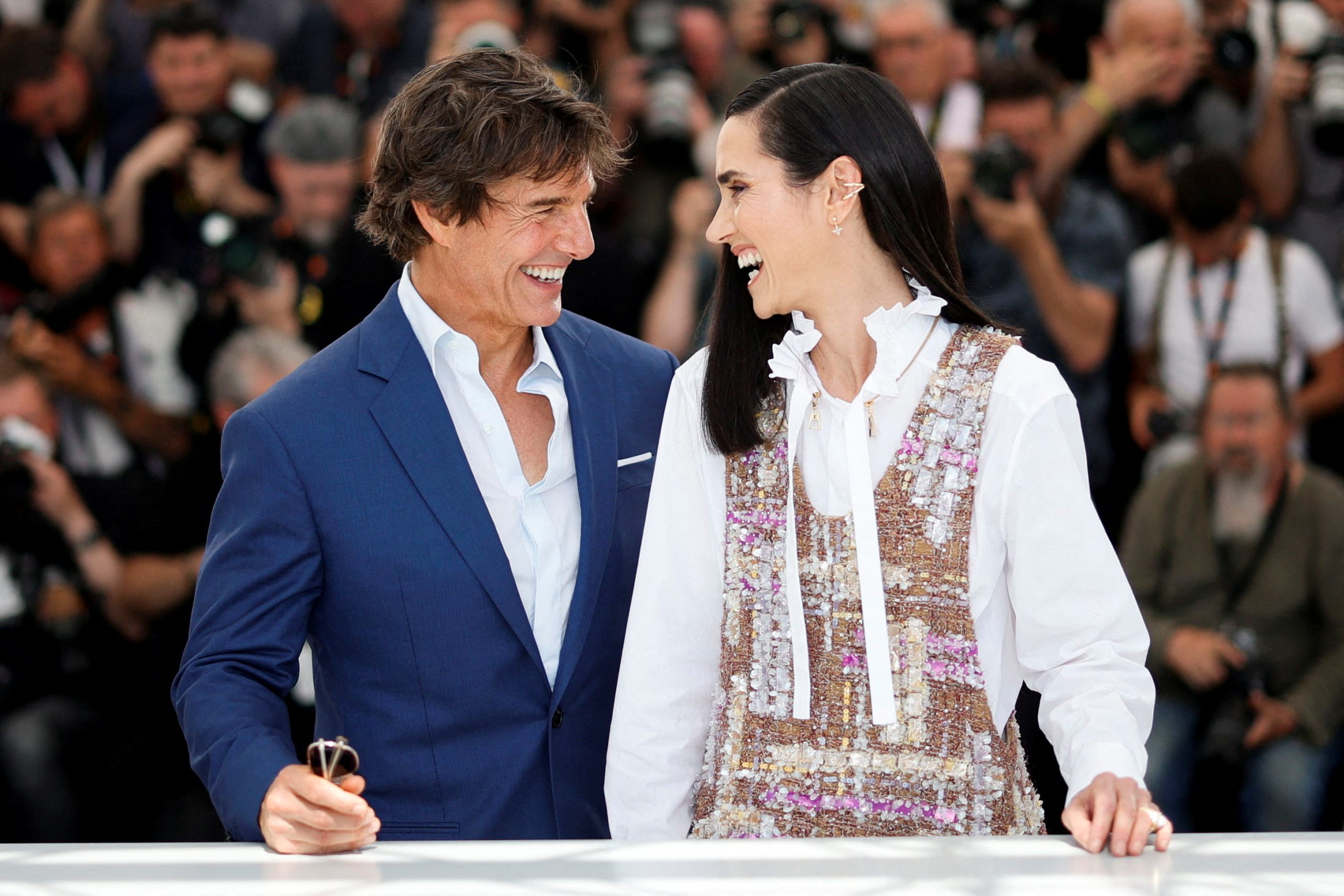 The 75th Cannes Film Festival - Photocall for the film "Top Gun: Maverick" Out of Competition - Cannes, France, May 18, 2022. Cast members Tom Cruise and Jennifer Connelly pose. REUTERS/Sarah Meyssonnier