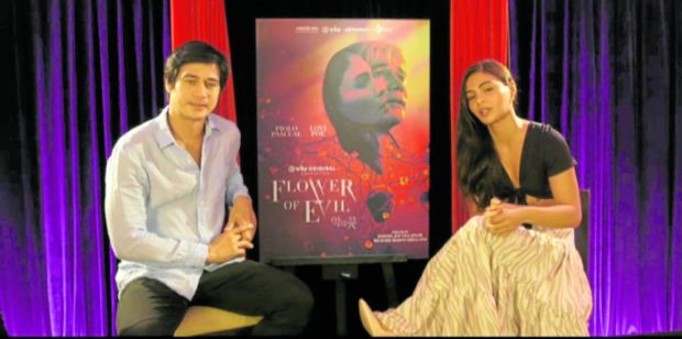  Piolo Pascual (left) and Lovi Poe at the virtual launch of the TV series’ poster designed by Justin Besana