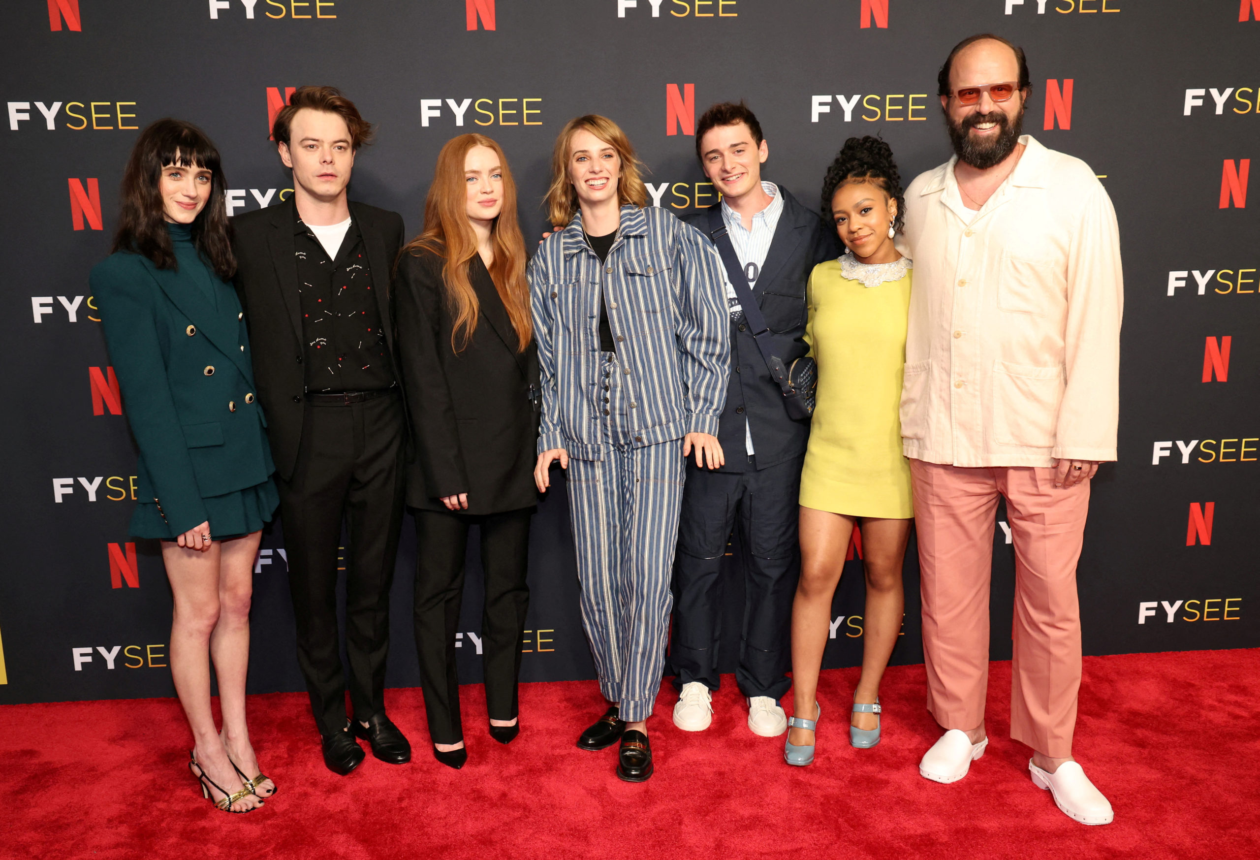 Cast members Natalia Dyer, Charlie Heaton, Sadie Sink, Maya Hawke, Noah Schnapp, Priah Ferguson and Brett Gelman pose at a special event for the television series "Stranger Things" at Raleigh Studios Hollywood in Los Angeles, California, U.S., May 27, 2022. REUTERS/Mario Anzuoni