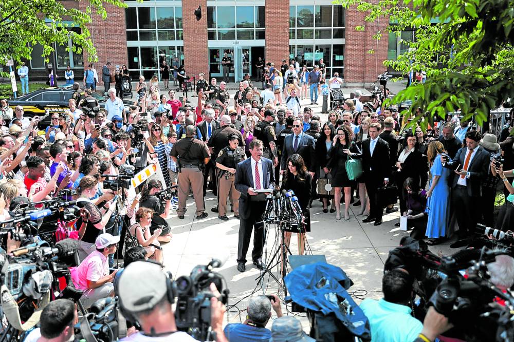 Johnny Depp’s lawyers Benjamin Chew and Camille Vasquez speak to the media outside the Fairfax County Circuit Courthouse