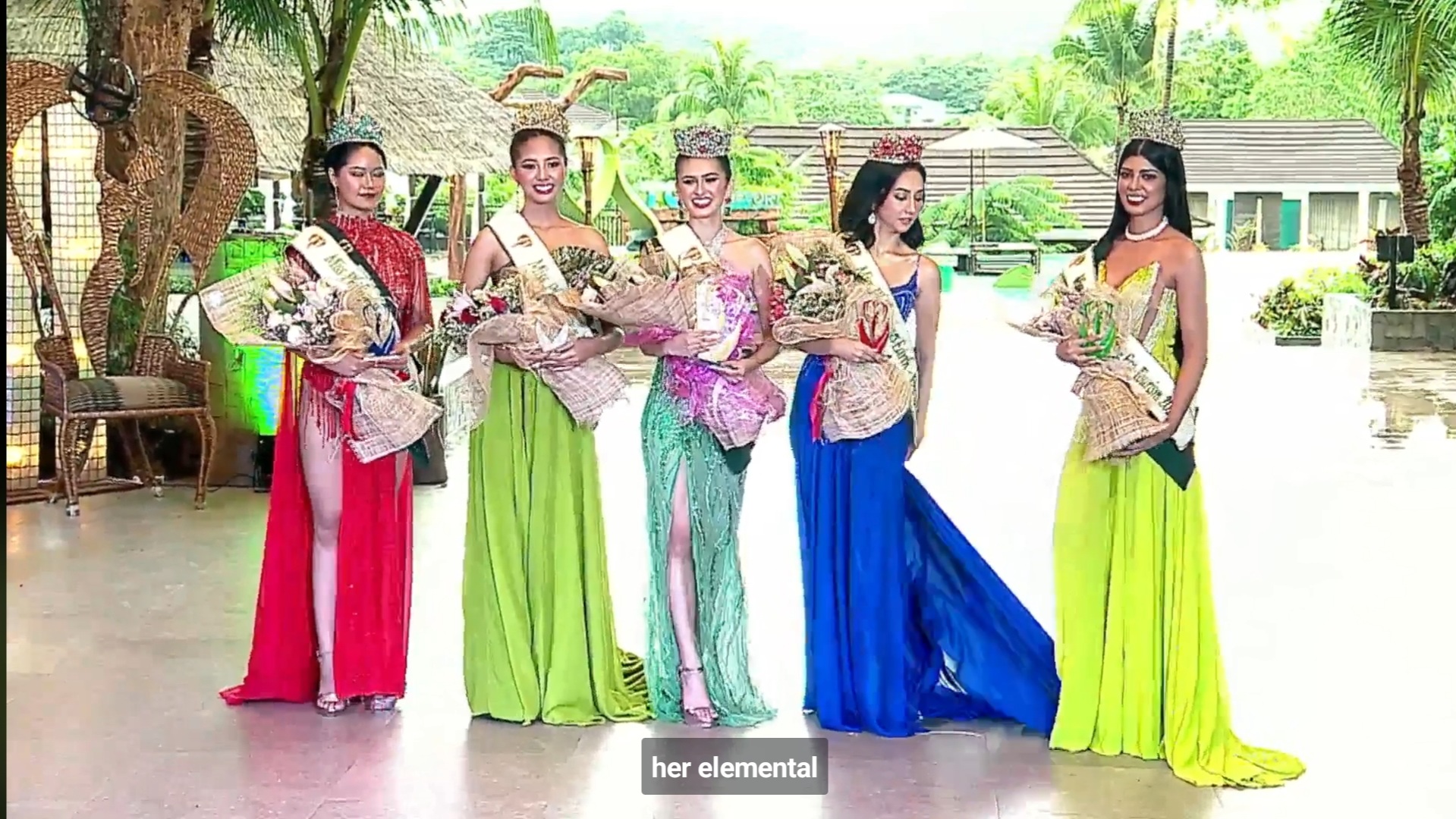 Miss Philippines Earth Jenny Ramp (center) beams with her ‘elemental queens’ (from left) Angeline Mae Santos, Jimema Tempra, Erika Vina Tan, and Nice Lampad./MISS PHILIPPINES EARTH FACEBOOK LIVE SCREENSHOT