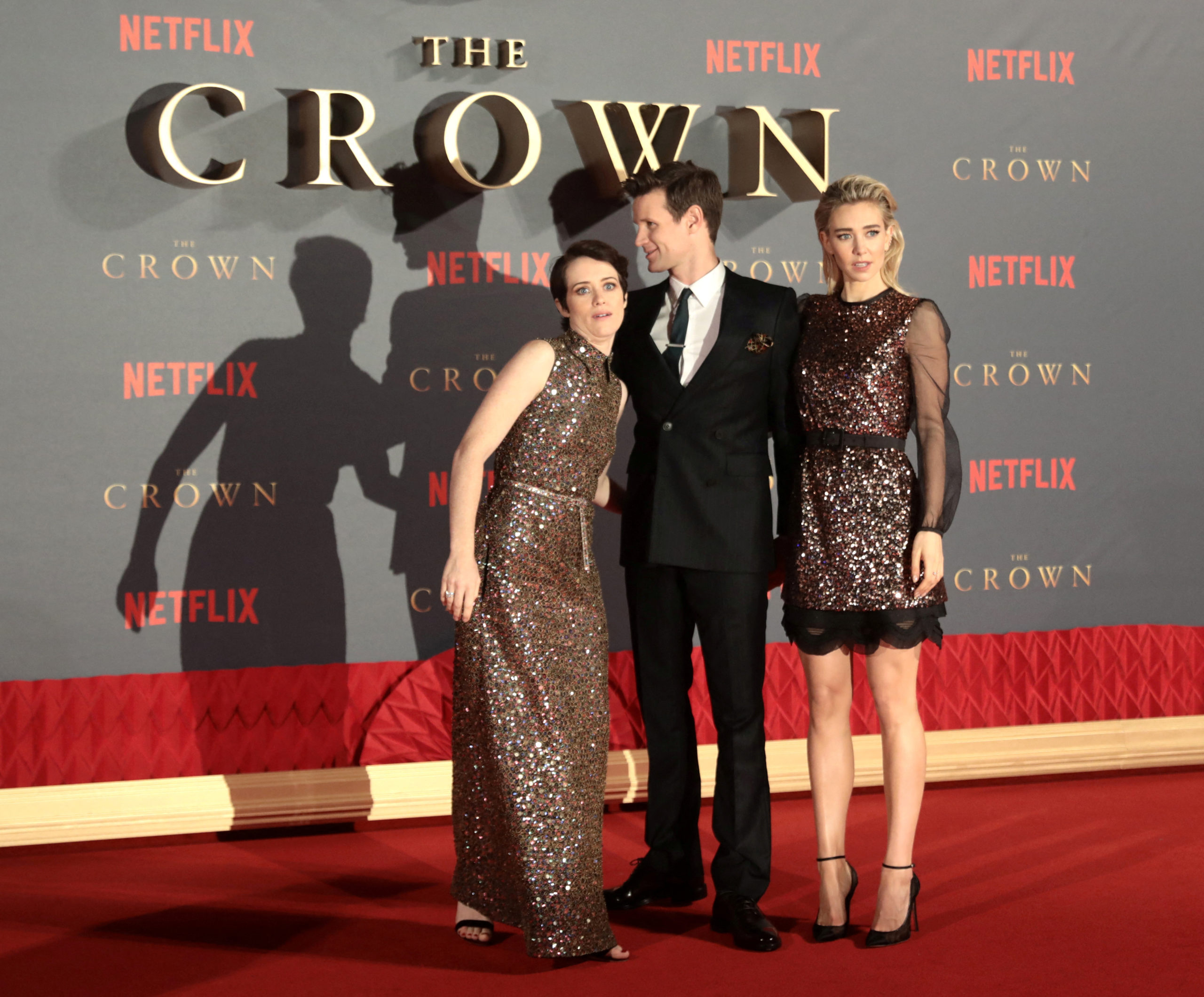 Actors Claire Foy, who plays Queen Elizabeth II, Matt Smith who plays Philip Duke of Edinburgh and Vanessa Kirby who plays Princess Margaret, attend the premiere of "The Crown" Season 2 in London, Britain, November 21, 2017. REUTERS/Simon Dawson