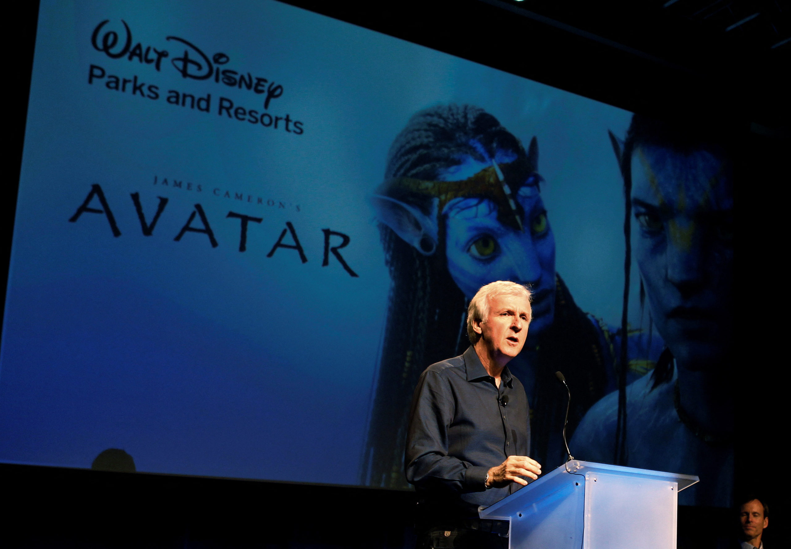 Director James Cameron announce a long-term agreement which will bring "Avatar" themed lands to Disney parks with the the first at Walt Disney World in Orlando, Florida, as he speaks at a media briefing in Glendale, Calfornia September 20, 2011. A scene from "Avatar" is shown on screen background.  REUTERS/Fred Prouser/File Photo