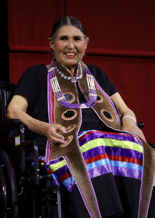 LOS ANGELES, CALIFORNIA - SEPTEMBER 17: Sacheen Littlefeather on stage at AMPAS Presents An Evening with Sacheen Littlefeather at Academy Museum of Motion Pictures on September 17, 2022 in Los Angeles, California. Frazer Harrison/Getty Images/AFP (Photo by Frazer Harrison / GETTY IMAGES NORTH AMERICA / Getty Images via AFP)