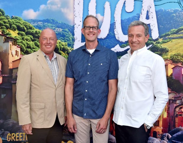 LOS ANGELES, CALIFORNIA - JUNE 17: (L-R) CEO of The Walt Disney Company Bob Chapek, CCO of Pixar Pete Docter, and Executive Chairman of The Walt Disney Company Bob Iger arrive at the world premiere for LUCA, held at the El Capitan Theatre in Hollywood, California on June 17, 2021. Alberto E. Rodriguez/Getty Images for Disney/AFP (Photo by Alberto E. Rodriguez / GETTY IMAGES NORTH AMERICA / Getty Images via AFP)