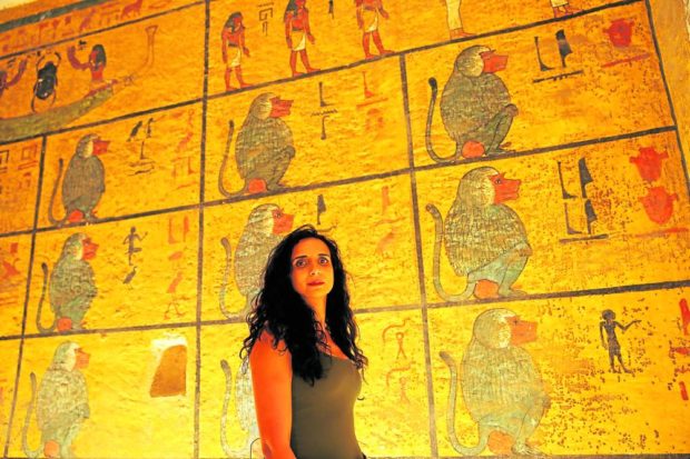Al-Shamahi in front of wall with Egyptian hieroglyphs