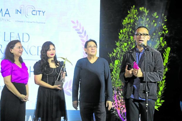Will Fredo (right), a producer of “Plan 75,” with QCinema Film Foundation board member Jim Baltazar, actress Stefanie Arianne and QCinema Film Foundation president Manet Dayrit