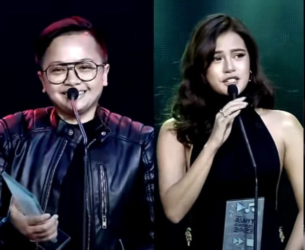 Ice Seguerra and Maris Racal during their acceptance speech at the 2022 Awit Award. Screengrab from YouTube / Myx Global