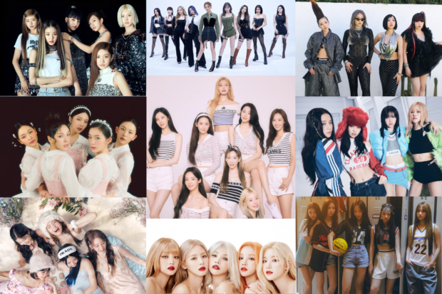 K-pop girl groups (From left) IVE, TWICE, 2NE1, Red Velvet, Girls’ Generation, BLACKPINK, LE SSERAFIM, (G)I-DLE, NewJeans. Images: Twitter/@IVE_TWT, Twitter/@JYPETWICE, YouTube/CL Official Channel, Twitter/@RVsmtown, Twitter/@GirlsGeneration, Twitter/@BLACKPINK, Twitter/@SOURCEMUSIC, Twitter/@G_I_DLE, NewJeans’ official website