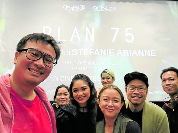 Chiu (center) with “Plan 75” actress Stefanie Arianne (third from left), producer Alemberg Ang (left) and TBA Studios teammates