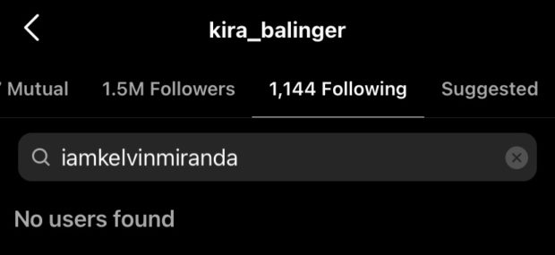 Kira Balinger has unfollowed Kelvin Miranda on Instagram. Image: Screengrab from Instagram/@kira_balinger