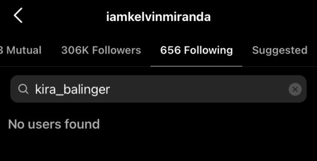 Kelvin Miranda has unfollowed Kira Balinger on Instagram. Image: Screengrab from Instagram/@iamkelvinmiranda