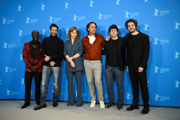 Cast members Sallieu Sesay, Adrien Brody, Odessa Young, Jesse Eisenberg, Philip Ettinger and director John Trengove attend a photo call to promote the movie 'Manodrome'' at the 73rd Berlinale International Film Festival in Berlin, Germany, February 18, 2023. REUTERS/Annegret Hilse