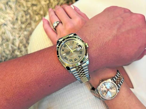 His and hers: Ben (left) wears the Rolex Datejust Wimbledon given by his future mother-in-law