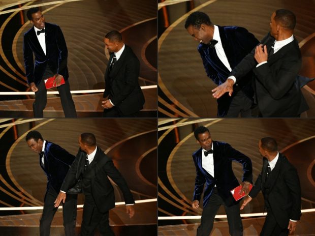(COMBO) This combination of pictures created on March 28, 2022 shows US actor Will Smith (R) approaches US actor Chris Rock onstage,and US actor Will Smith (R) slaps US actor Chris Rock onstage, during the 94th Oscars at the Dolby Theatre in Hollywood, California on March 27, 2022. (Photo by Robyn Beck / AFP)