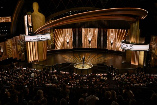 TV host Jimmy Kimmel speaks onstage during the 95th Annual Academy Awards at the Dolby Theatre in Hollywood, California on March 12, 2023. (Photo by Patrick T. Fallon / AFP)