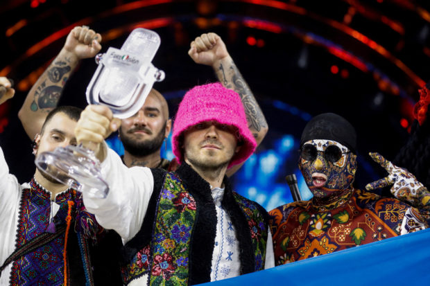 FILE PHOTO: Kalush Orchestra from Ukraine pose after winning the 2022 Eurovision Song Contest in Turin, Italy, May 15, 2022. REUTERS/Yara Nardi