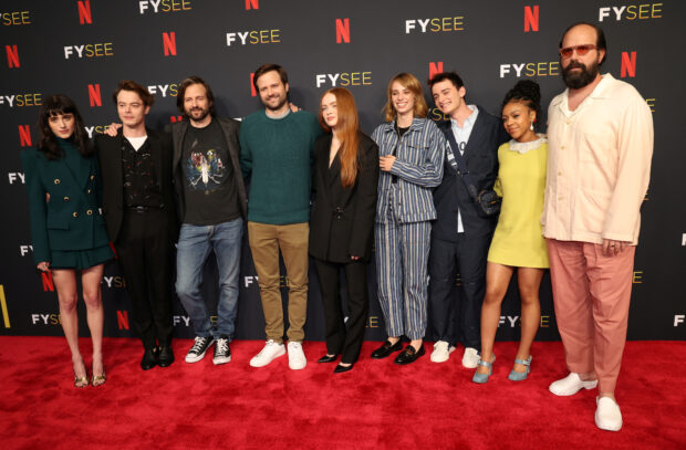 FILE PHOTO: Show creators Matt and Ross Duffer pose with cast members Natalia Dyer, Charlie Heaton, Sadie Sink, Maya Hawke, Noah Schnapp, Priah Ferguson and Brett Gelman at a special event for the television series "Stranger Things" at Raleigh Studios Hollywood in Los Angeles, California, U.S., May 27, 2022. REUTERS/Mario Anzuoni