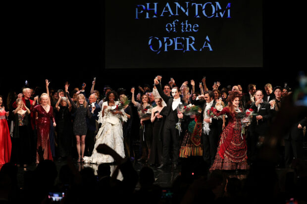 Cast and crew members take a moment to applause after their final performance of the Phantom of the Opera, which closes after 35 years on Broadway, in New York City, U.S., April 16, 2023. REUTERS/Caitlin Ochs