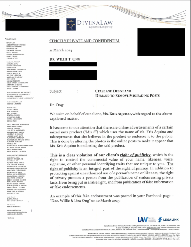 A copy of the demand letter provided by Kris Aquino's legal counsel to INQUIRER.net.