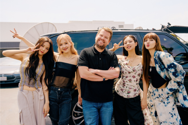 Blackpink members (from left) Jisoo, Rosé, Jennie, and Lisa with James Corden. Image: Twitter/@latelateshow