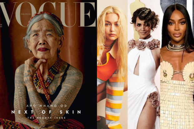 (From left) Apo Whang-Od as Vogue Philippines' cover girl, Gigi Hadid, Halle Berry, Naomi Campbell