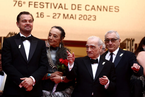 The 76th Cannes Film Festival - Screening of the film "Killers of the Flower Moon" Out of Competition - Red Carpet Arrivals - Cannes, France, May 20,  2023. Cast members Tantoo Cardinal, Leonardo DiCaprio, Robert De Niro and Director Martin Scorsese pose. REUTERS/Yara Nardi