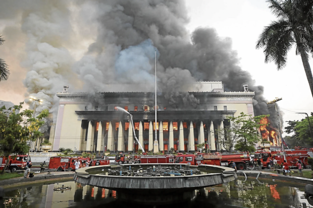 MANILA CENTRAL POST OFFICE FIRE | Huge fire engulfs the iconic Manila Central Post Office building in Liwasang Bonifacio in Manila. Erected in 1926, the historical landmark was as an Important Cultural Property by the National Museum in 2018. The Bureau of Fire estimated around P 300 million worth of assets may have been lost. (Photo by RICHARD A. REYES / Philippine Daily Inquirer)