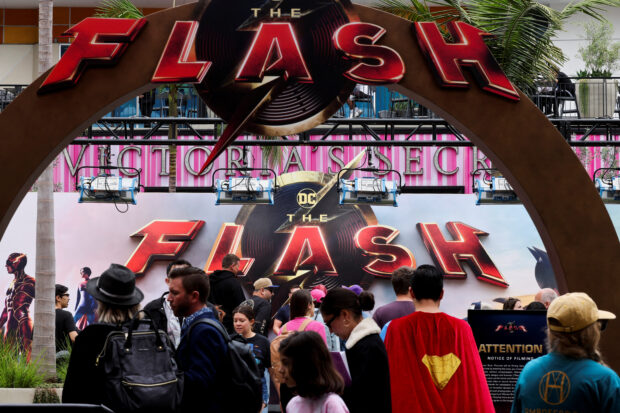 FILE PHOTO: People gather at a promo area ahead of the world premiere of "The Flash", in Hollywood, Los Angeles, California, U.S., June 12, 2023.  REUTERS/Mike Blake