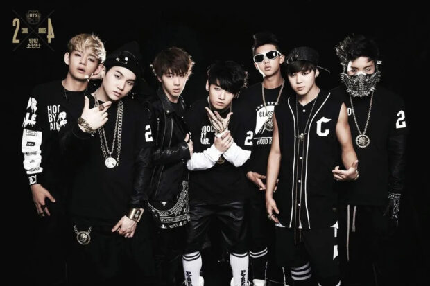 A photo of BTS for its debut single, "2 Cool 4 Skool" (Big Hit Music)