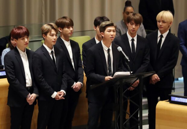 BTS speaks at the United Nations in New York in August 2018. (Yonhap)