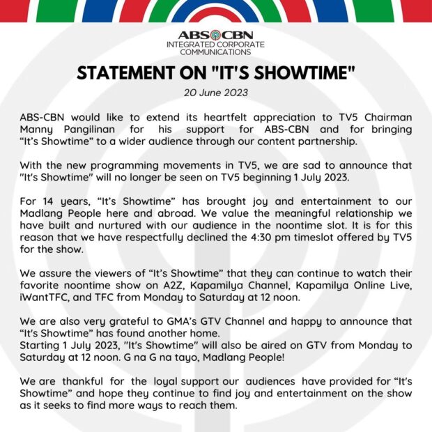 Statement of ABS-CBN on the transfer of 'It's Showtime' to GNTV