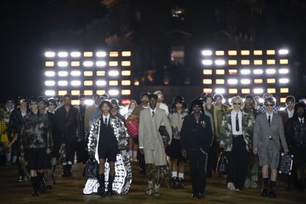Models wear creations for Louis Vuitton as part of the Menswear Spring/Summer 2024 fashion collection presented in Paris, Tuesday, June 20, 2023. (AP Photo/Christophe Ena)