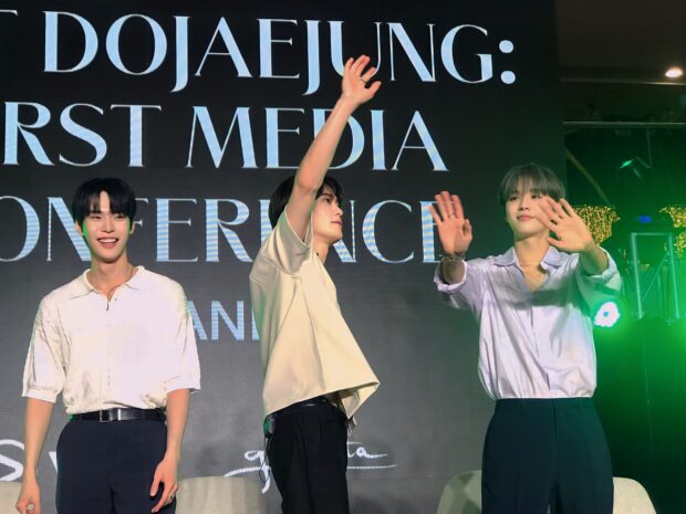 NCT DoJaeJung members (from left) Doyoung, Jaehyun, Jungwoo. Image: HANNAH MALLORCA/INQUIRER.net
