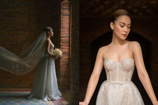 Photos of Maja Salvador wearing a bridal gown.
