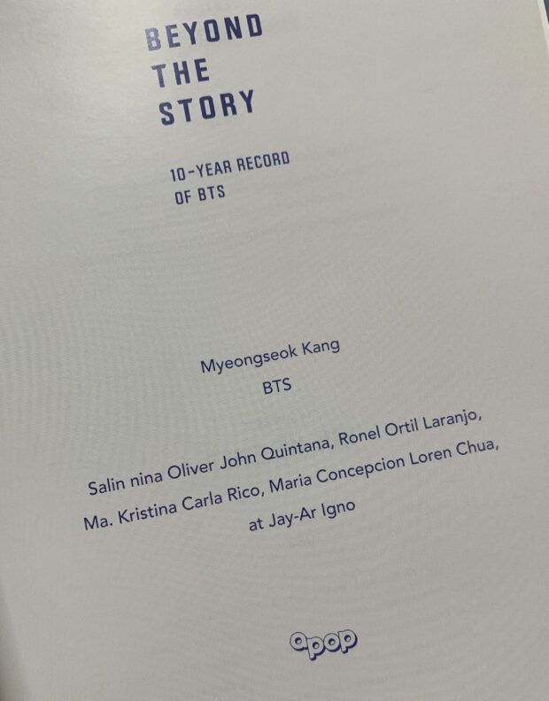 A page from BTS' "Beyond the Story" Filipino translation. Image: HANNAH MALLORCA/INQUIRER.net