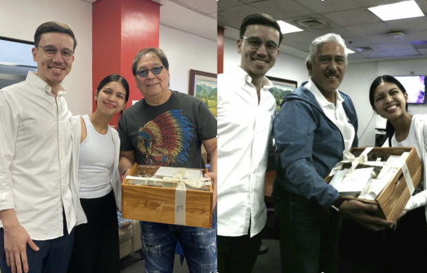Arjo Atayde and Maine Mendoza with their wedding "ninongs," Joey de Leon and Tito Sotto. Combined images from Instagram