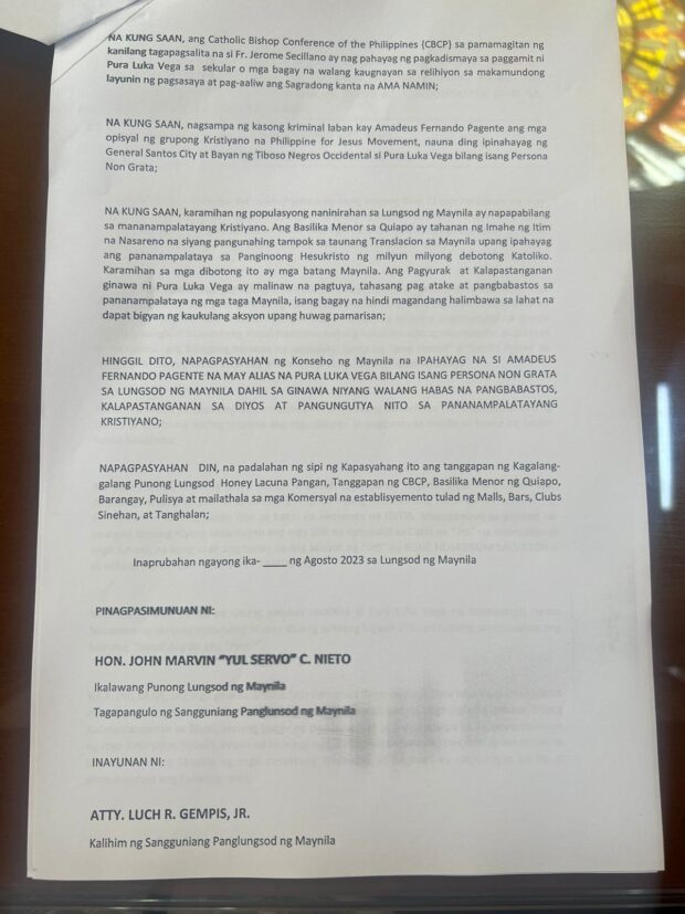 Manila Council resolution. 