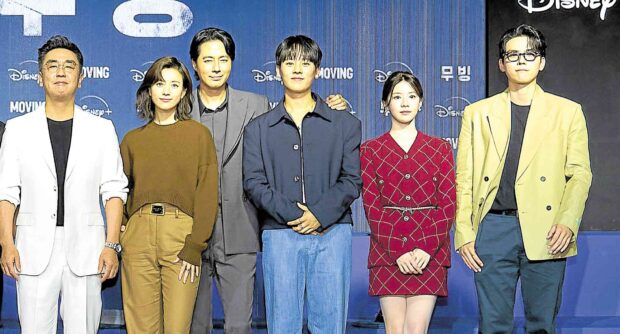 Cast of “Moving” (from left): Ryu Seung-ryong, Han Hyo-joo, Zo In-sung, Lee Jung-ha, Go Youn-jung and Kim Do-hoon at the fan event in Seoul —PHOTOS COURTESY OF DISNEY+