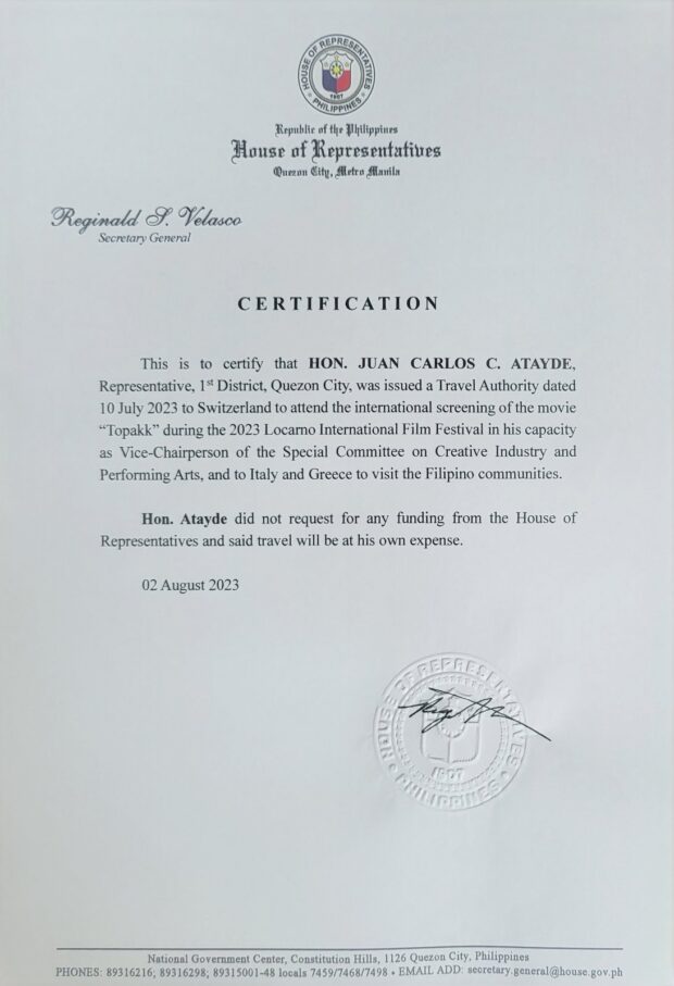 Certification on the travel authority issued to Atayde