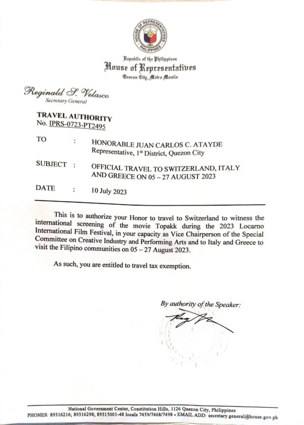 Travel Authority issued to Rep. Arjo Atayde.