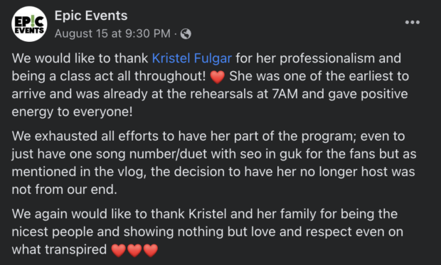 Epic Events' statement on Kristel Fulgar's hosting gig. Image: Screengrab from Facebook/Epic Events