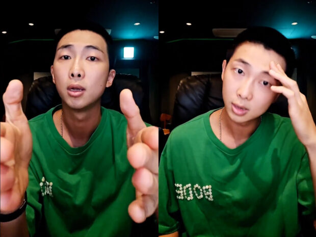 BTS' RM speaks during Weverse live broadcast on Wednesday. Images: Screenshots from Weverse via The Korea Herald