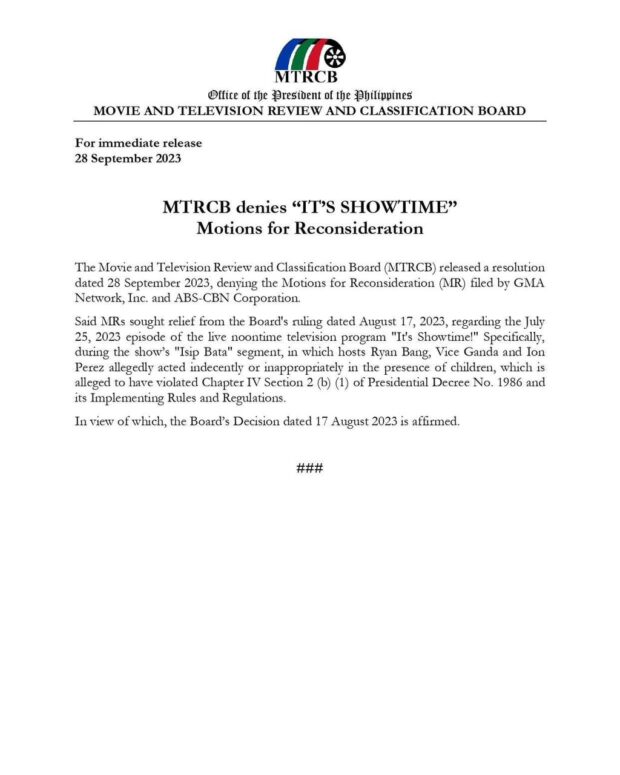 MTRCB reso on "It's Showtime". 